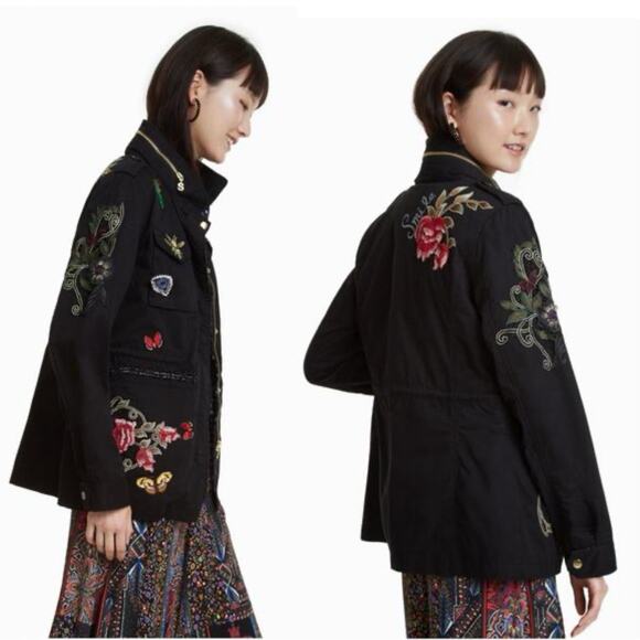 Desigual Clansei Jacket Hood Removable Lining Floral Embroidery Parka sz Small - Picture 1 of 16